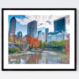 Pond at Central Park with Manhattan skyline, New York