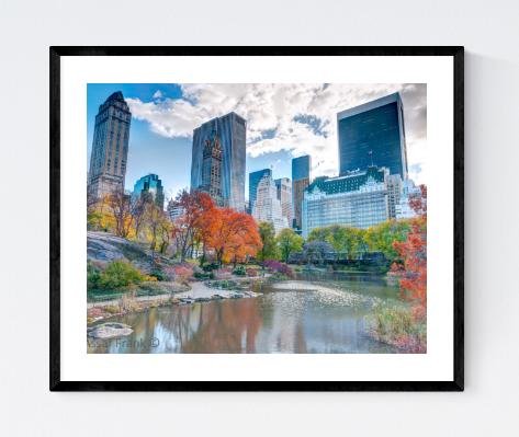 Pond at Central Park with Manhattan skyline, New York
