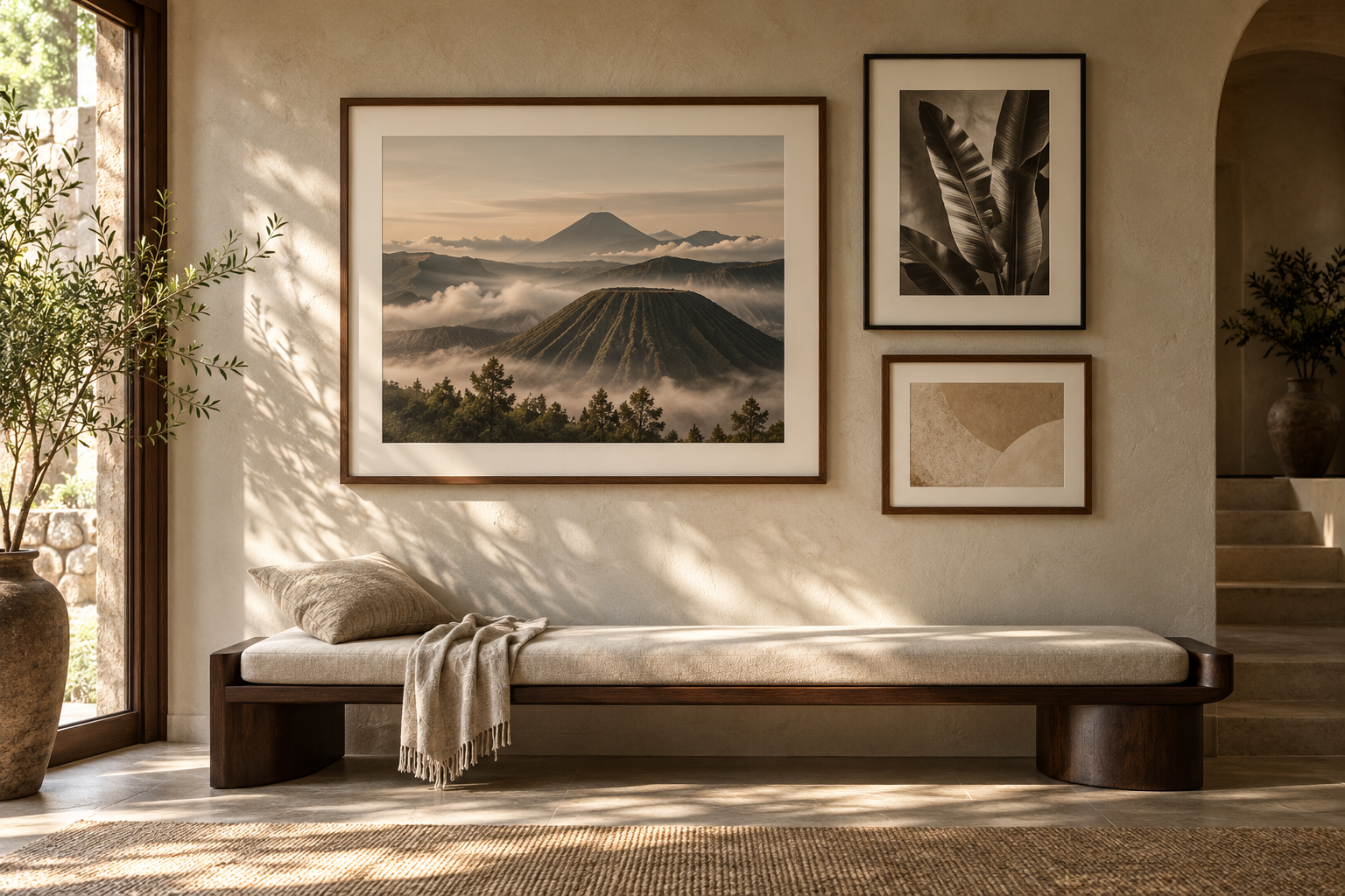 Inspirasi interior dengan foto gunung, botanical, dan karya abstrak dalam bingkai di atas bangku walnut.